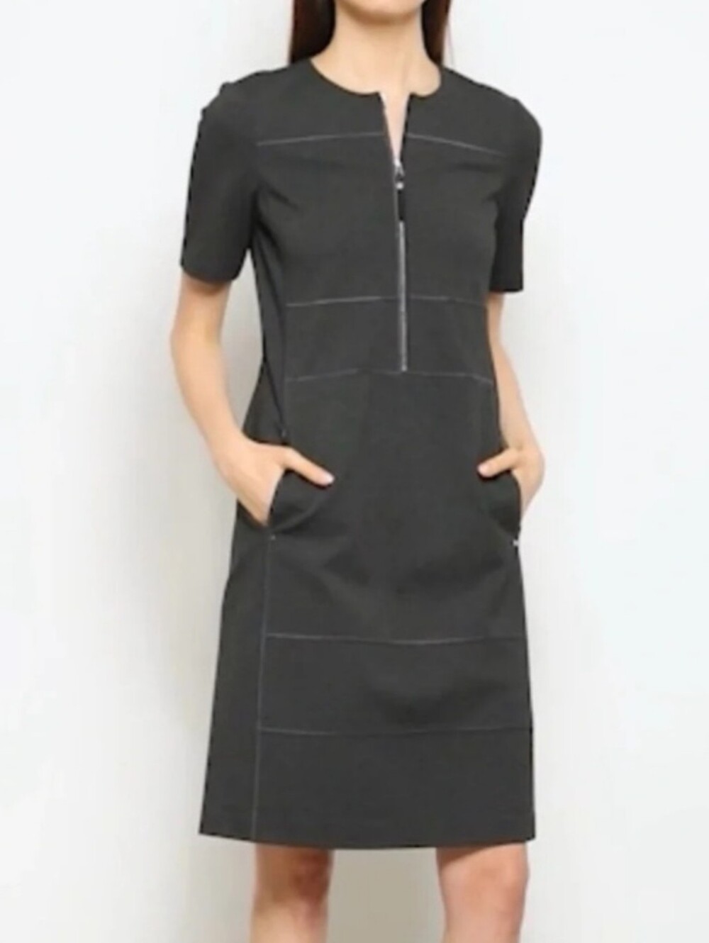 LAFAYETTE 148 NEW YORK Demi Punto Milano Dress M Stretch Zip-up Dark Gray